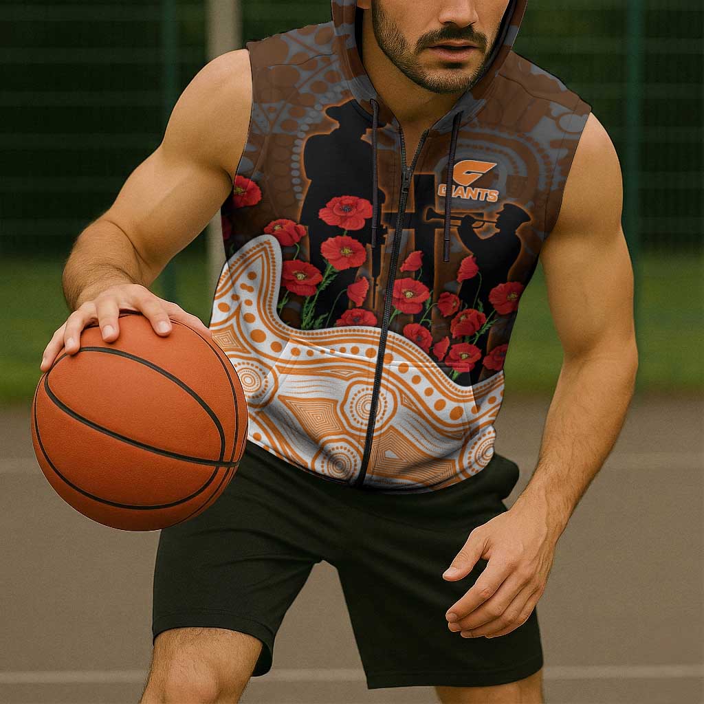 GWS Giants ANZAC Day Sleeveless Zip Hoodie Indigenous Dot Art with Poppy Flower Tribute