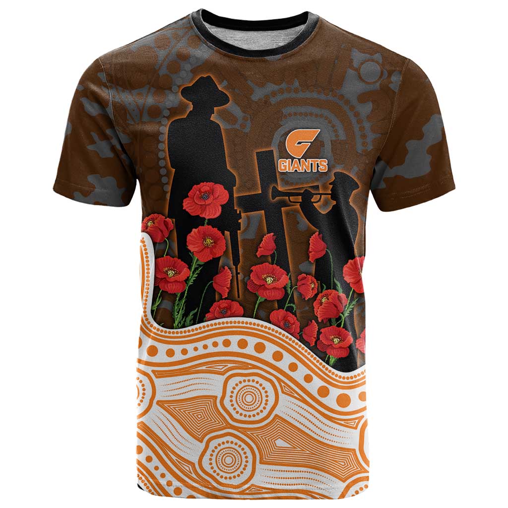 GWS Giants ANZAC Day T Shirt Indigenous Dot Art with Poppy Flower Tribute
