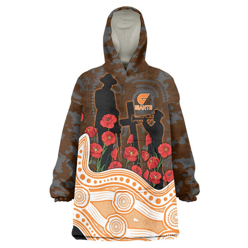 GWS Giants ANZAC Day Wearable Blanket Hoodie Indigenous Dot Art with Poppy Flower Tribute