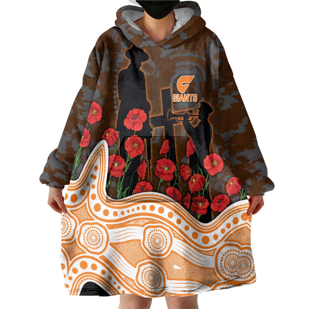 GWS Giants ANZAC Day Wearable Blanket Hoodie Indigenous Dot Art with Poppy Flower Tribute