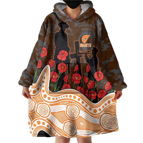 GWS Giants ANZAC Day Wearable Blanket Hoodie Indigenous Dot Art with Poppy Flower Tribute
