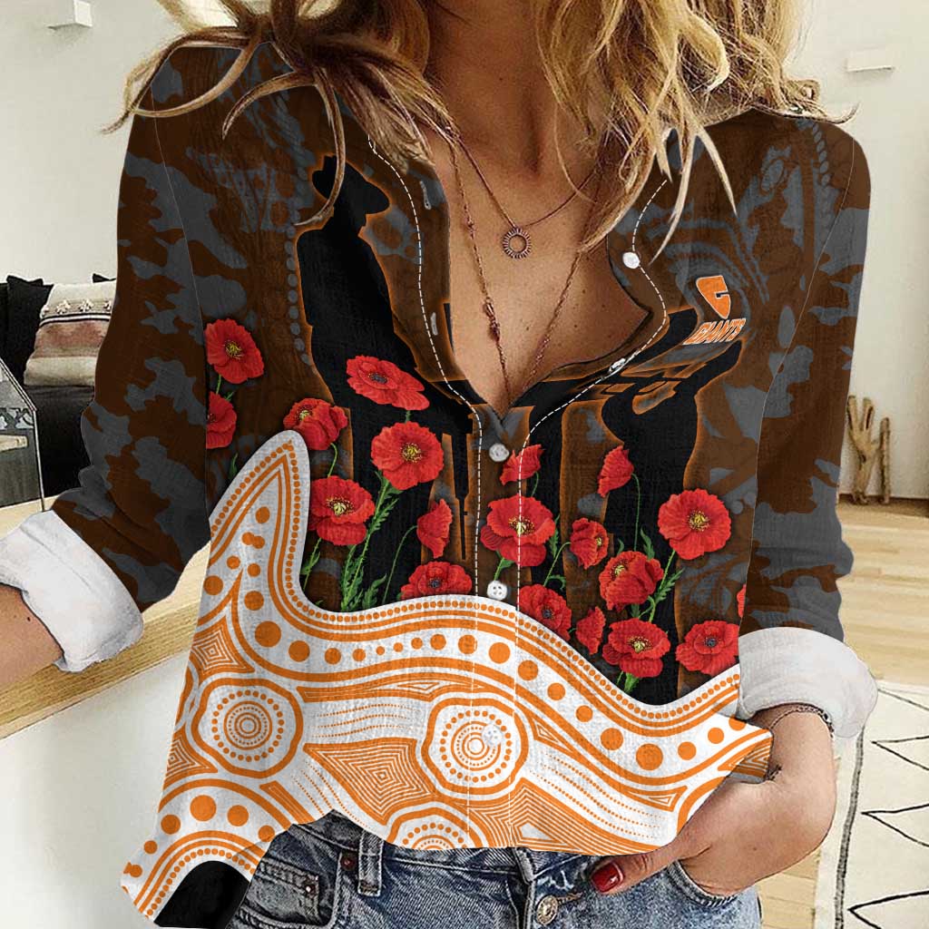 GWS Giants ANZAC Day Women Casual Shirt Indigenous Dot Art with Poppy Flower Tribute