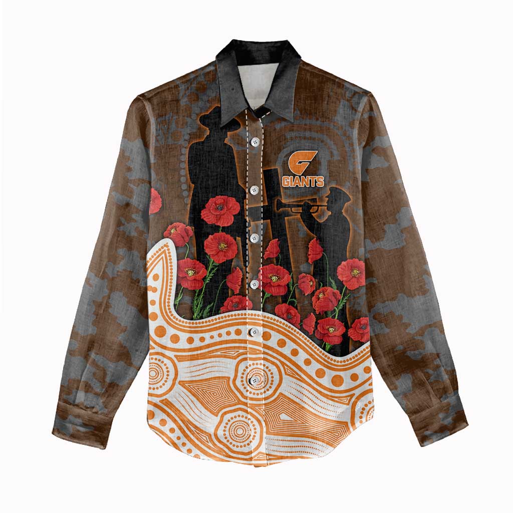 GWS Giants ANZAC Day Women Casual Shirt Indigenous Dot Art with Poppy Flower Tribute