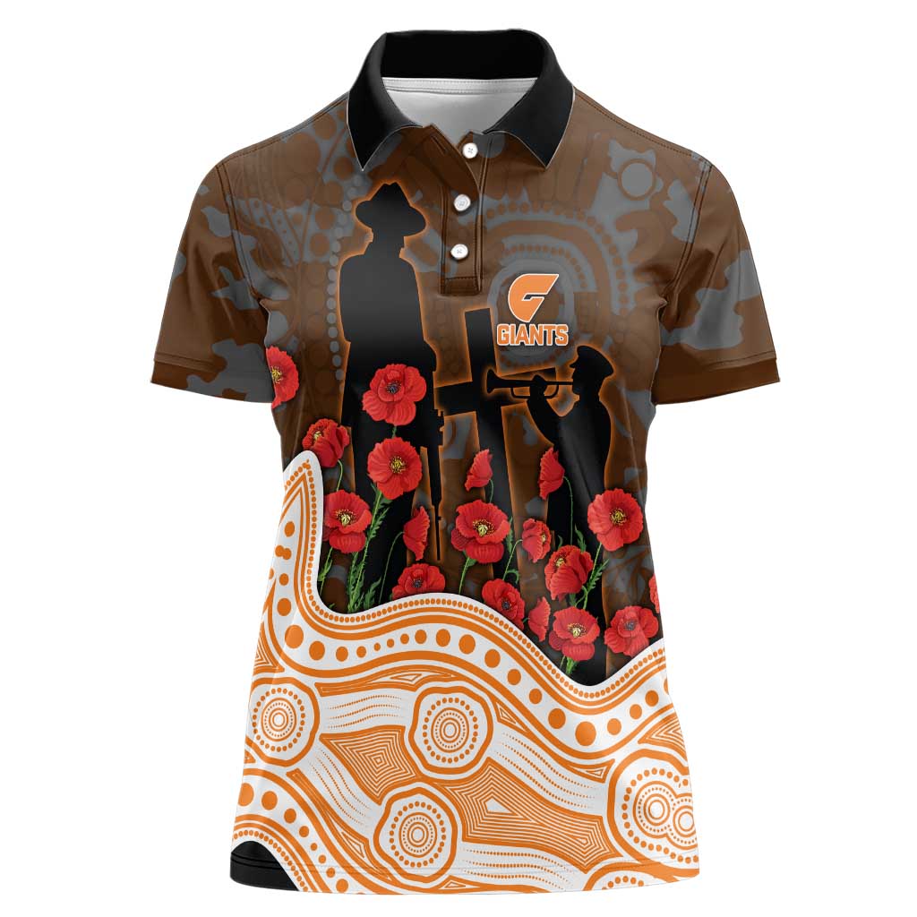 GWS Giants ANZAC Day Women Polo Shirt Indigenous Dot Art with Poppy Flower Tribute