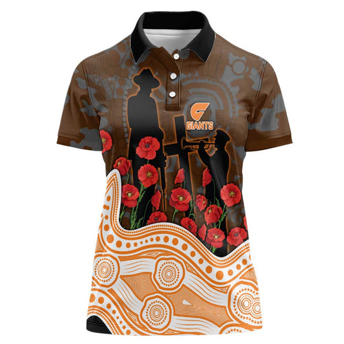 GWS Giants ANZAC Day Women Polo Shirt Indigenous Dot Art with Poppy Flower Tribute