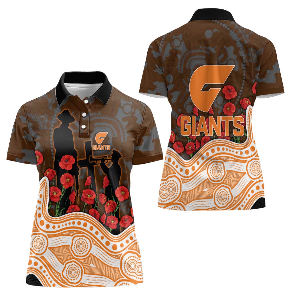 GWS Giants ANZAC Day Women Polo Shirt Indigenous Dot Art with Poppy Flower Tribute