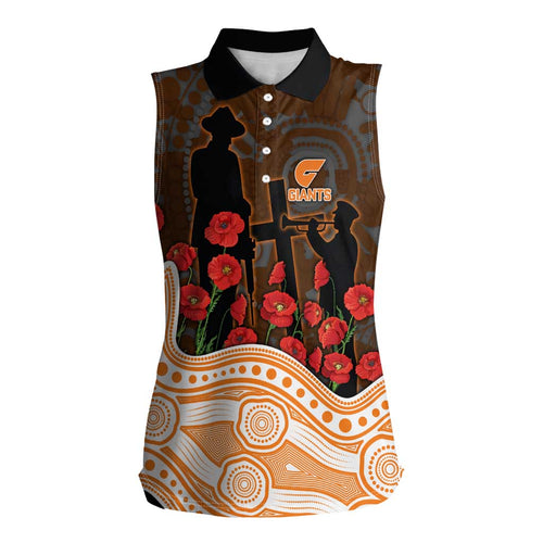 GWS Giants ANZAC Day Women Sleeveless Polo Shirt Indigenous Dot Art with Poppy Flower Tribute