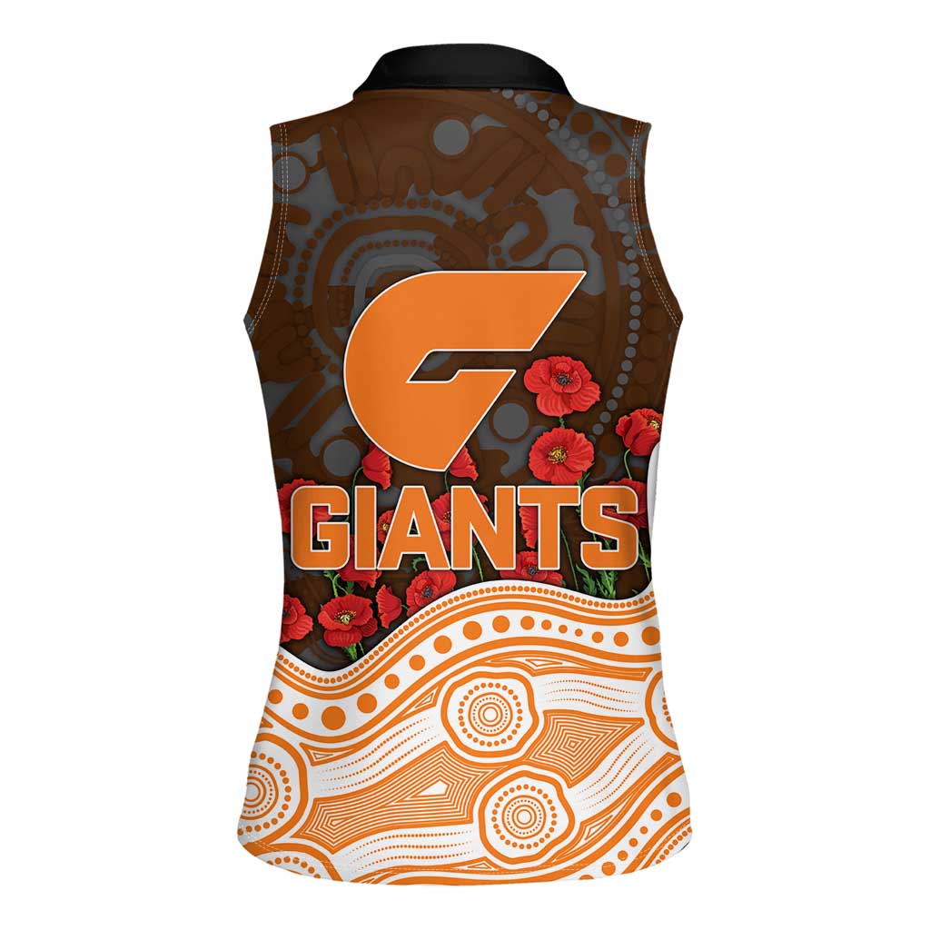 GWS Giants ANZAC Day Women Sleeveless Polo Shirt Indigenous Dot Art with Poppy Flower Tribute