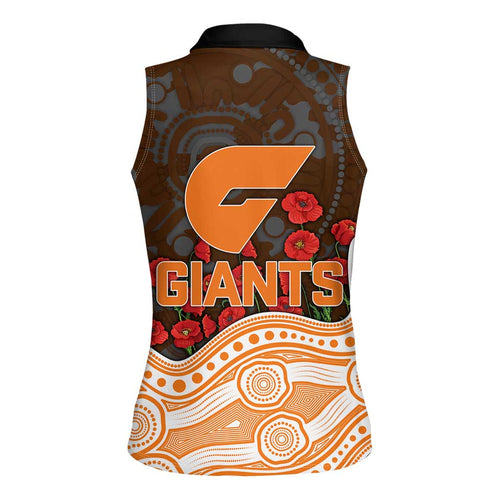 GWS Giants ANZAC Day Women Sleeveless Polo Shirt Indigenous Dot Art with Poppy Flower Tribute