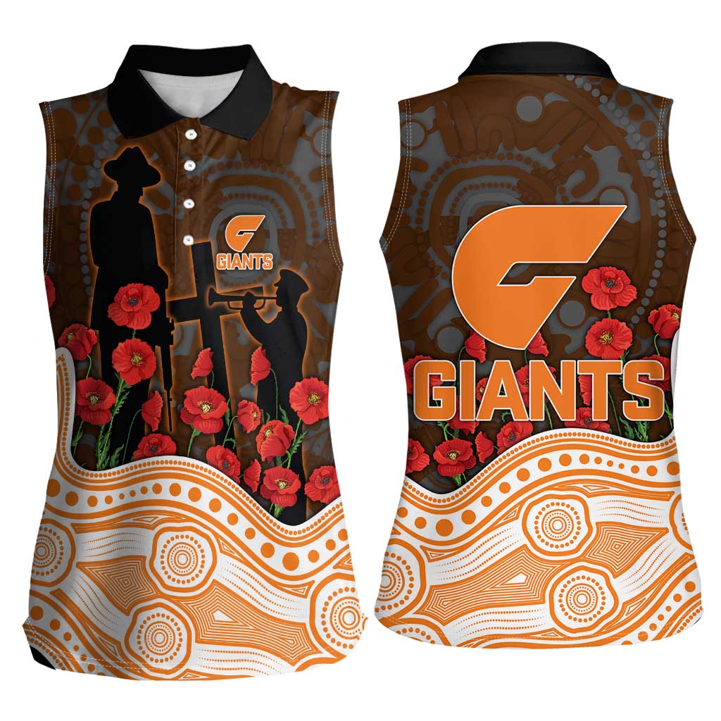 GWS Giants ANZAC Day Women Sleeveless Polo Shirt Indigenous Dot Art with Poppy Flower Tribute