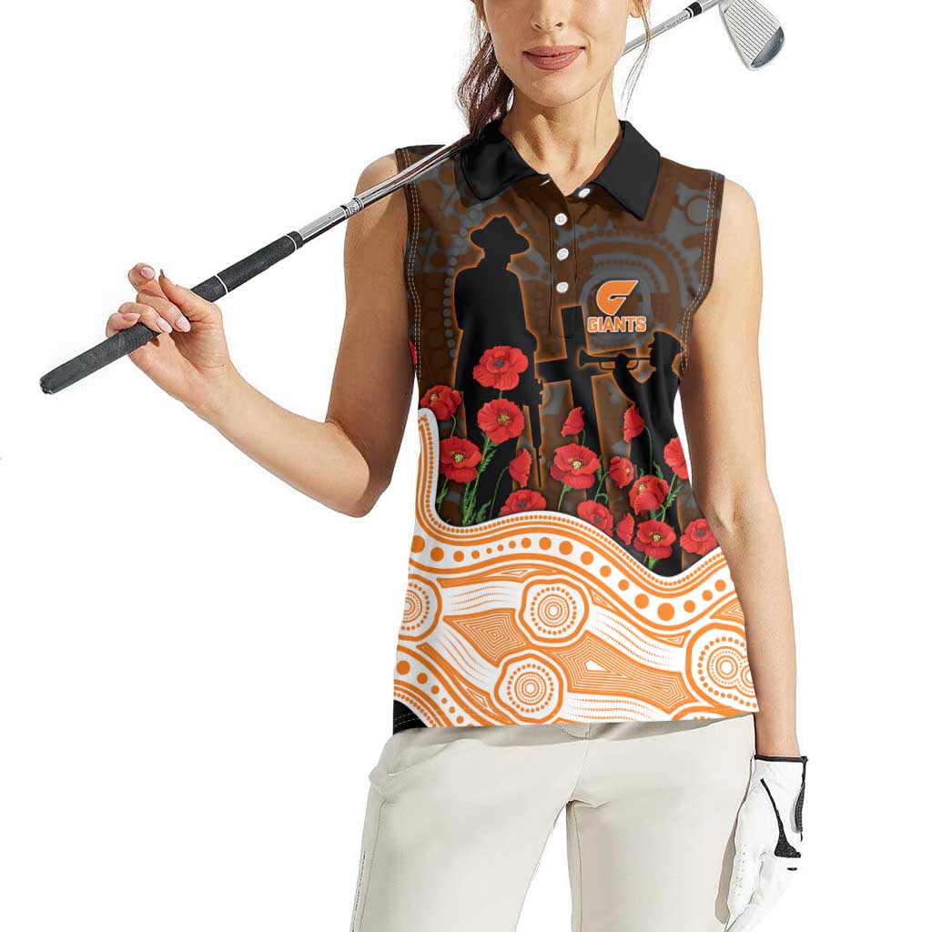 GWS Giants ANZAC Day Women Sleeveless Polo Shirt Indigenous Dot Art with Poppy Flower Tribute