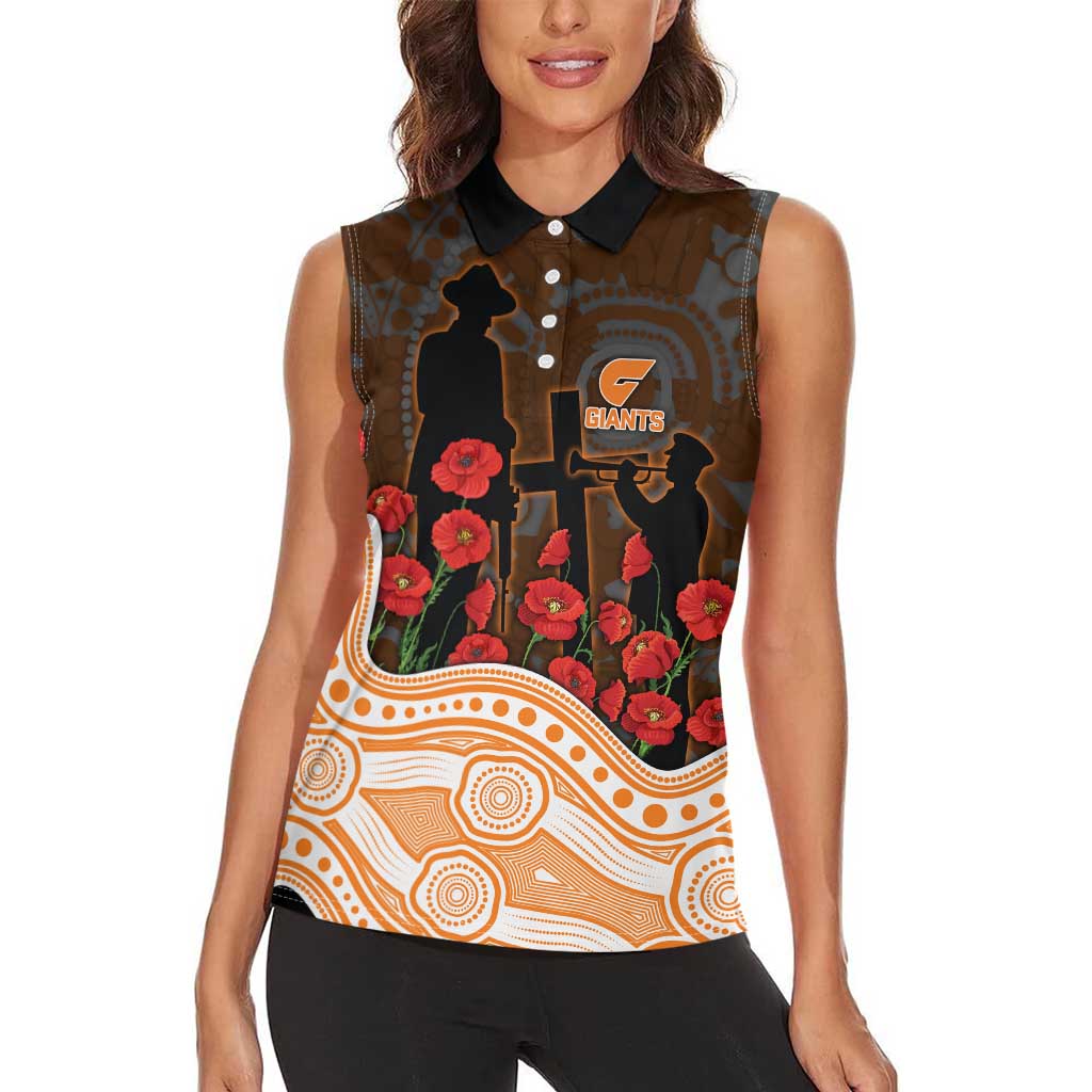 GWS Giants ANZAC Day Women Sleeveless Polo Shirt Indigenous Dot Art with Poppy Flower Tribute