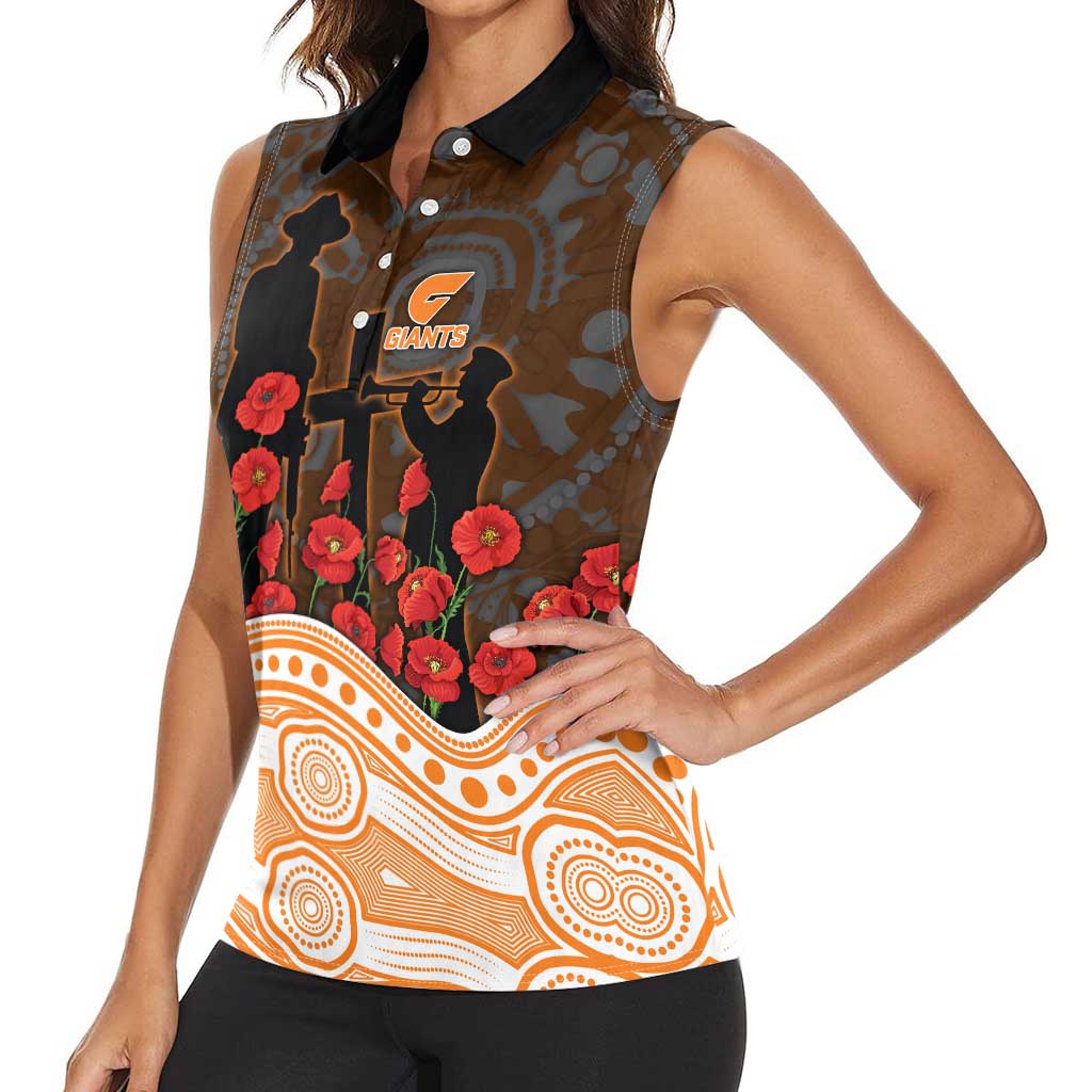 GWS Giants ANZAC Day Women Sleeveless Polo Shirt Indigenous Dot Art with Poppy Flower Tribute
