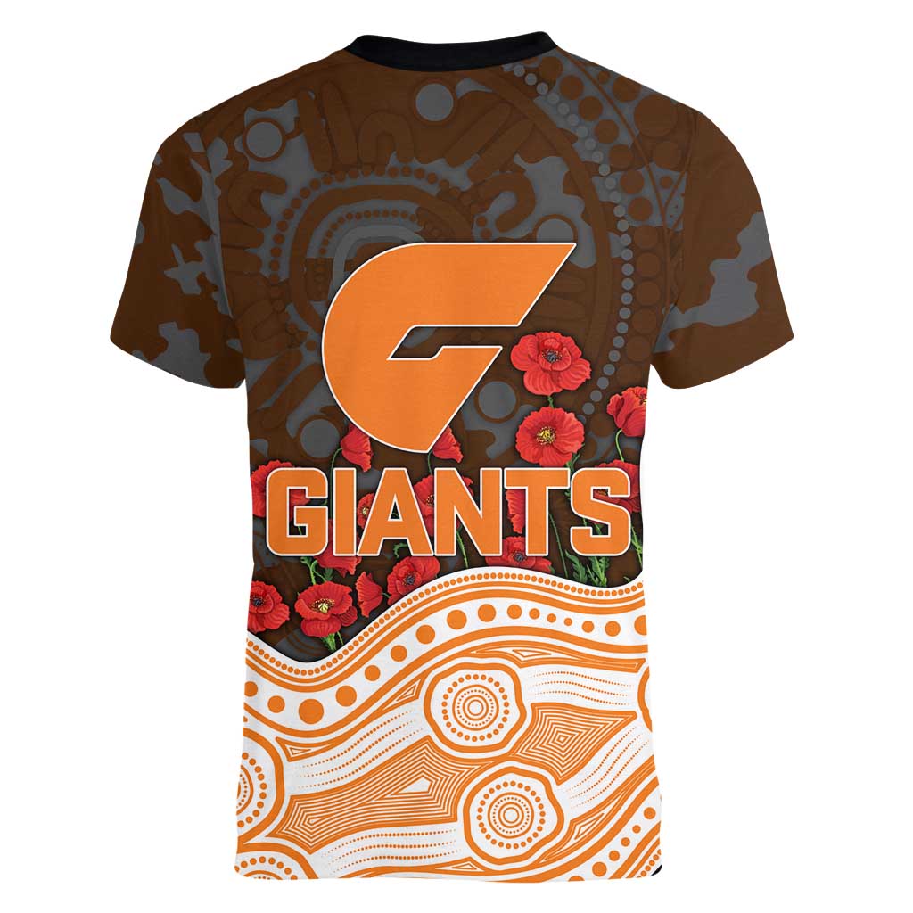 GWS Giants ANZAC Day Women V-Neck T-Shirt Indigenous Dot Art with Poppy Flower Tribute