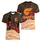GWS Giants ANZAC Day Women V-Neck T-Shirt Indigenous Dot Art with Poppy Flower Tribute