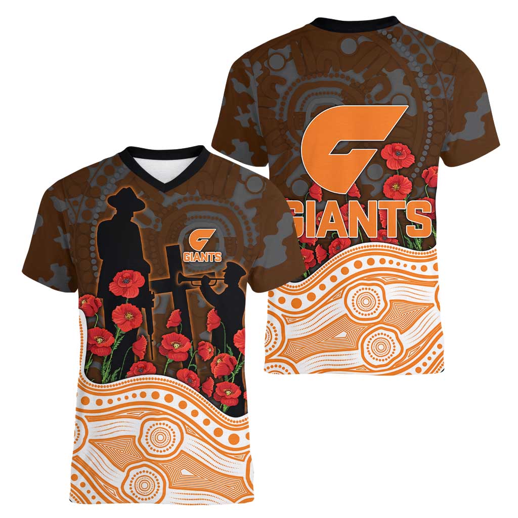GWS Giants ANZAC Day Women V-Neck T-Shirt Indigenous Dot Art with Poppy Flower Tribute
