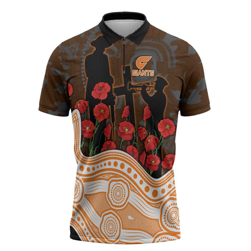 GWS Giants ANZAC Day Zipper Polo Shirt Indigenous Dot Art with Poppy Flower Tribute