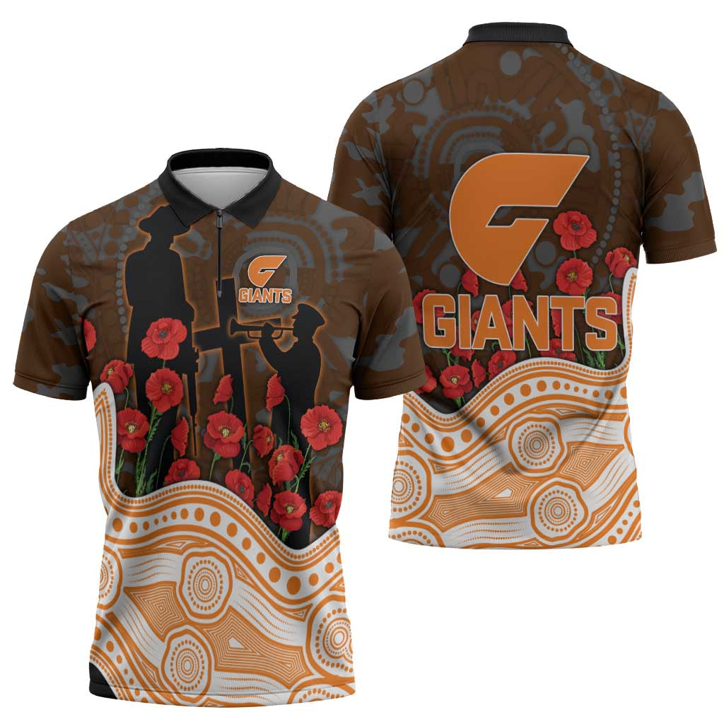 GWS Giants ANZAC Day Zipper Polo Shirt Indigenous Dot Art with Poppy Flower Tribute