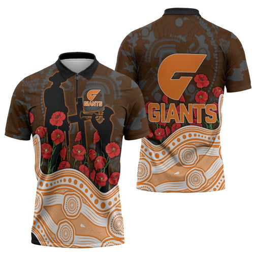GWS Giants ANZAC Day Zipper Polo Shirt Indigenous Dot Art with Poppy Flower Tribute
