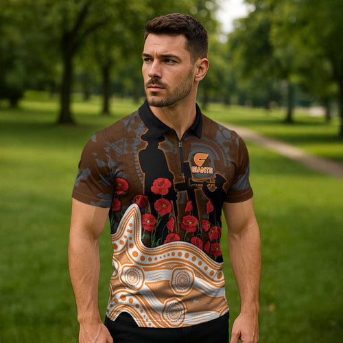 GWS Giants ANZAC Day Zipper Polo Shirt Indigenous Dot Art with Poppy Flower Tribute