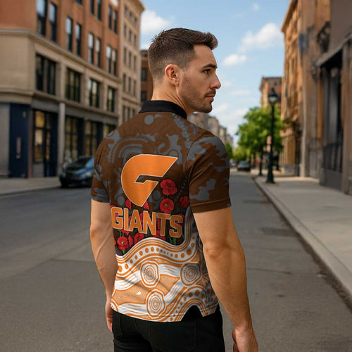 GWS Giants ANZAC Day Zipper Polo Shirt Indigenous Dot Art with Poppy Flower Tribute