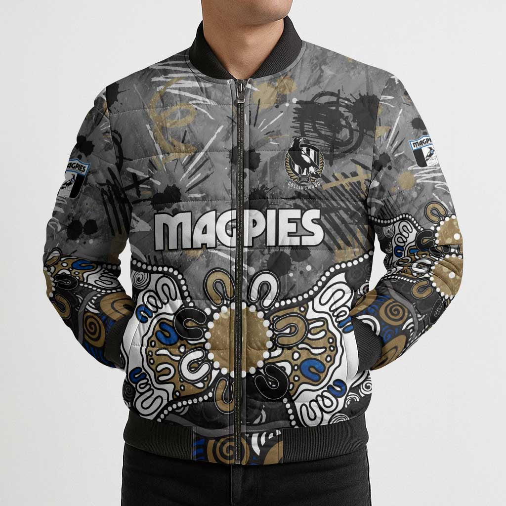 Personalized Collingwood Magpies Bomber Puffer Jacket Aboriginal Dot Painting Graffiti Style