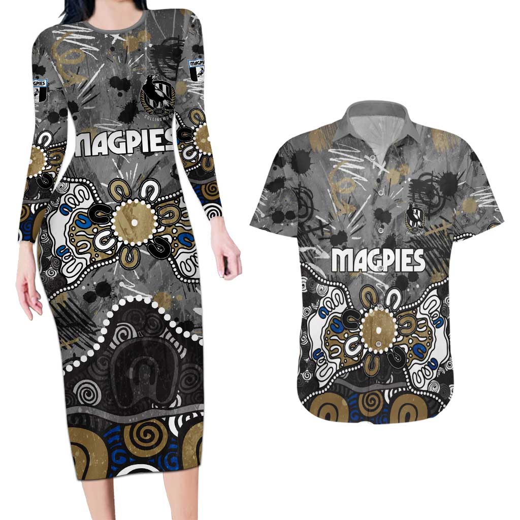 Personalized Collingwood Magpies Couples Matching Long Sleeve Bodycon Dress and Hawaiian Shirt Aboriginal Dot Painting Graffiti Style