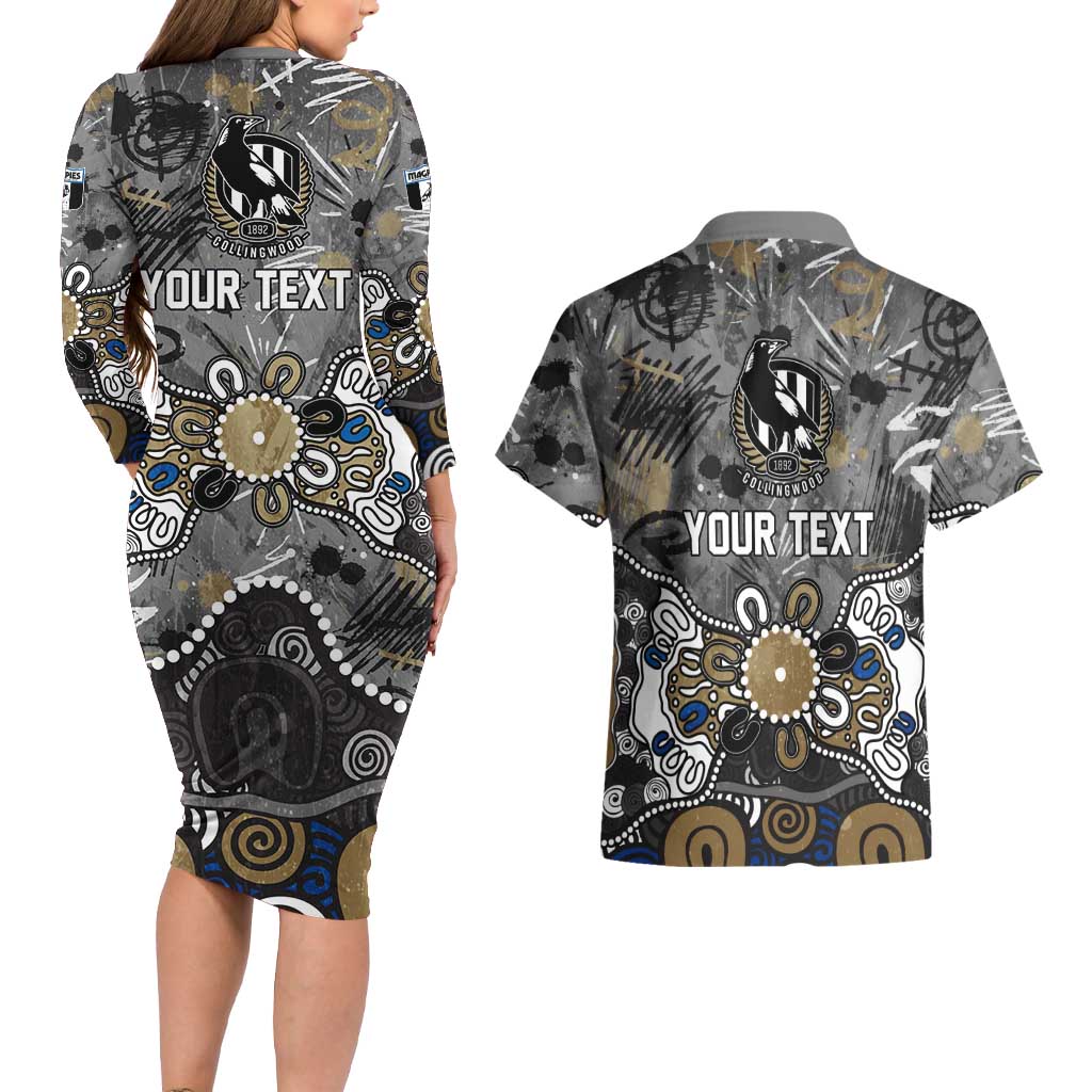 Personalized Collingwood Magpies Couples Matching Long Sleeve Bodycon Dress and Hawaiian Shirt Aboriginal Dot Painting Graffiti Style