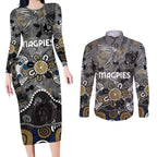 Personalized Collingwood Magpies Couples Matching Long Sleeve Bodycon Dress and Long Sleeve Button Shirt Aboriginal Dot Painting Graffiti Style