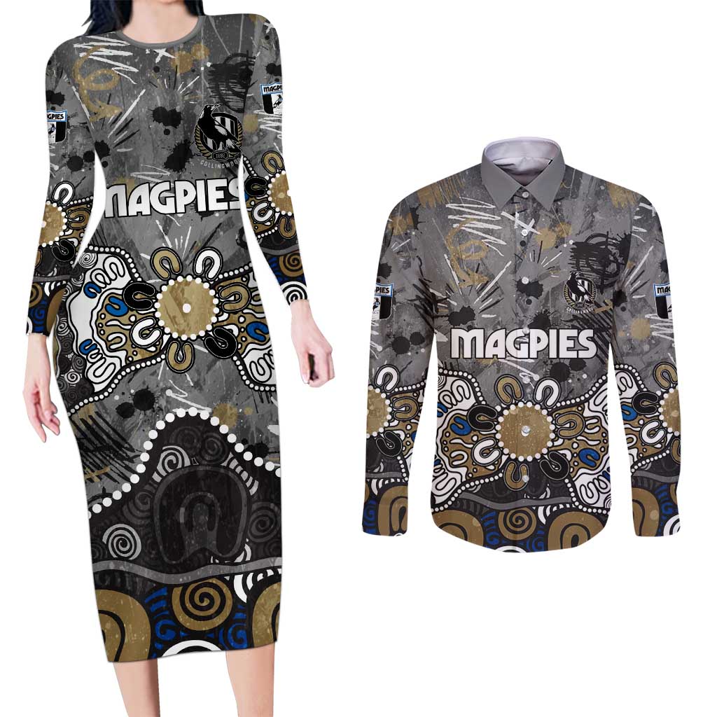 Personalized Collingwood Magpies Couples Matching Long Sleeve Bodycon Dress and Long Sleeve Button Shirt Aboriginal Dot Painting Graffiti Style