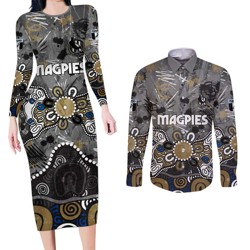 Personalized Collingwood Magpies Couples Matching Long Sleeve Bodycon Dress and Long Sleeve Button Shirt Aboriginal Dot Painting Graffiti Style