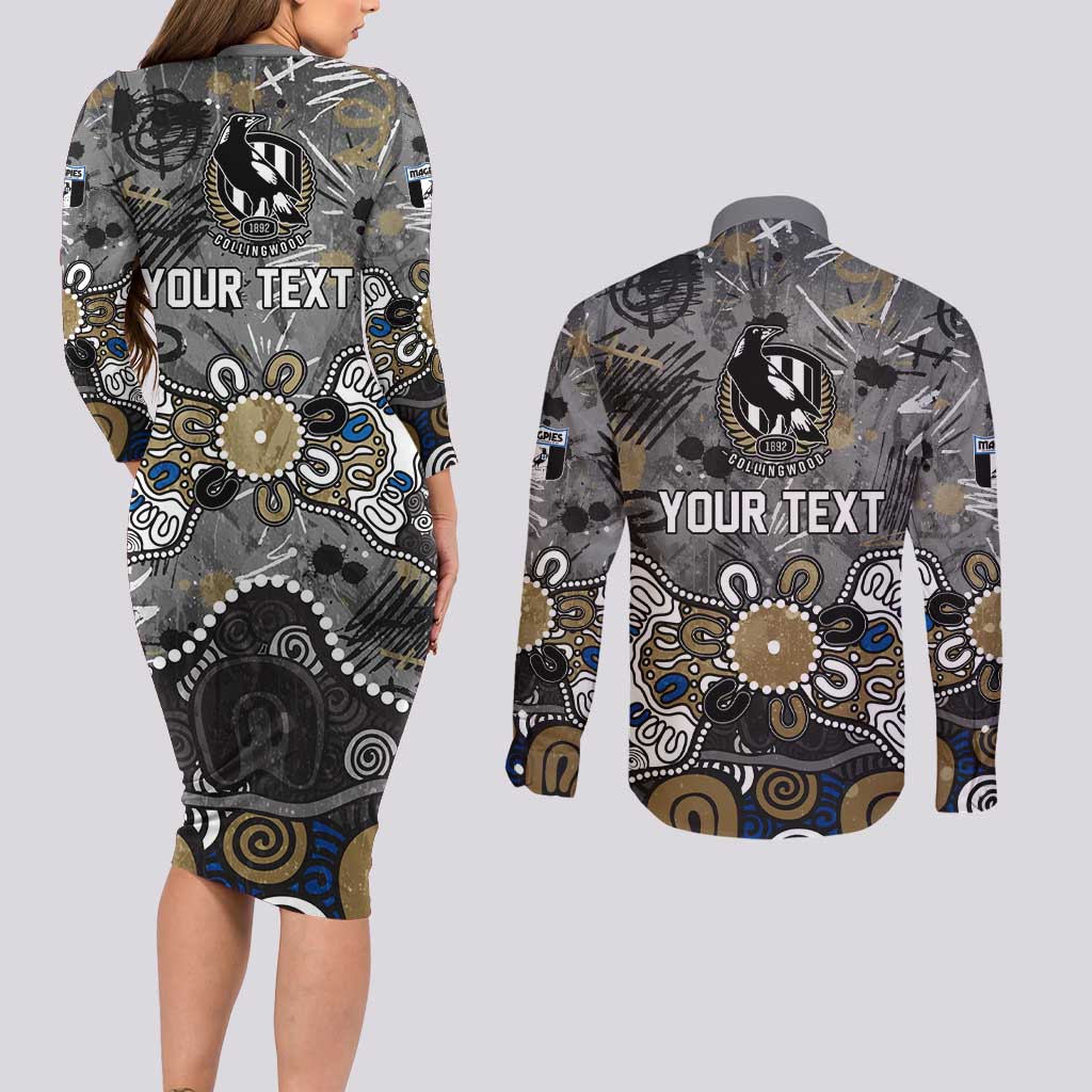 Personalized Collingwood Magpies Couples Matching Long Sleeve Bodycon Dress and Long Sleeve Button Shirt Aboriginal Dot Painting Graffiti Style
