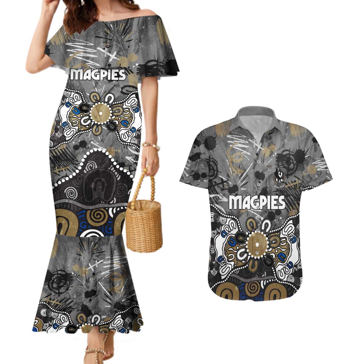 Personalized Collingwood Magpies Couples Matching Mermaid Dress and Hawaiian Shirt Aboriginal Dot Painting Graffiti Style
