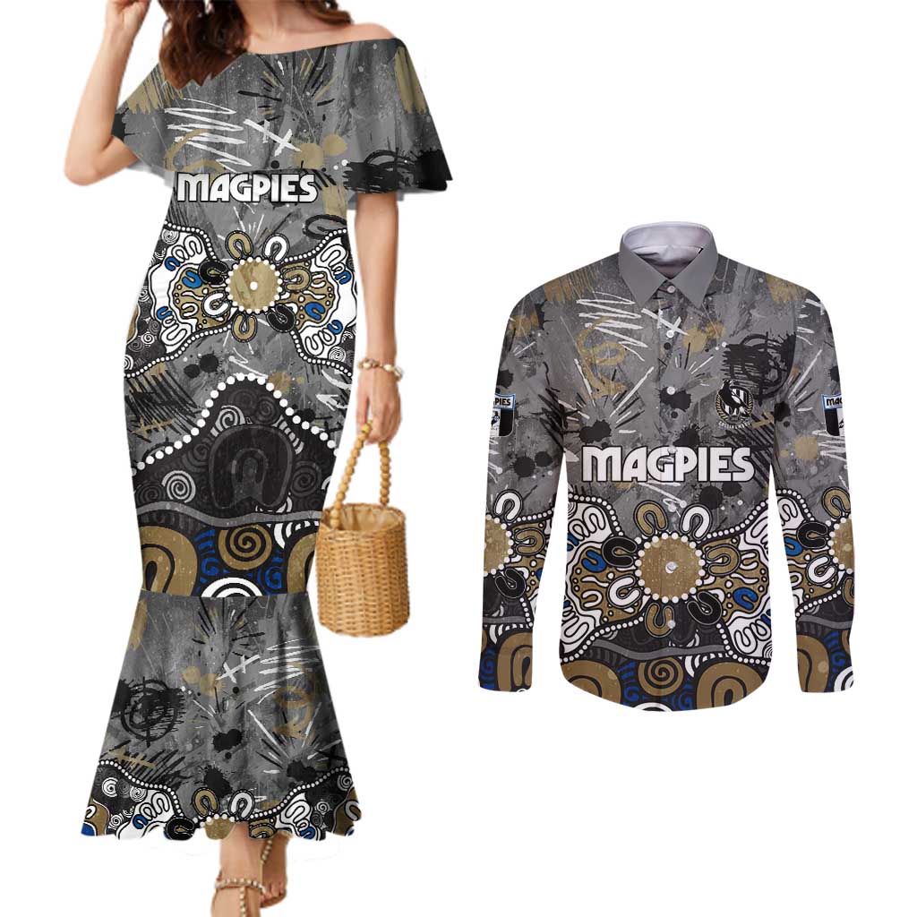 Personalized Collingwood Magpies Couples Matching Mermaid Dress and Long Sleeve Button Shirt Aboriginal Dot Painting Graffiti Style