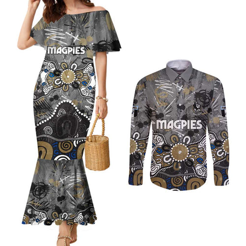 Personalized Collingwood Magpies Couples Matching Mermaid Dress and Long Sleeve Button Shirt Aboriginal Dot Painting Graffiti Style