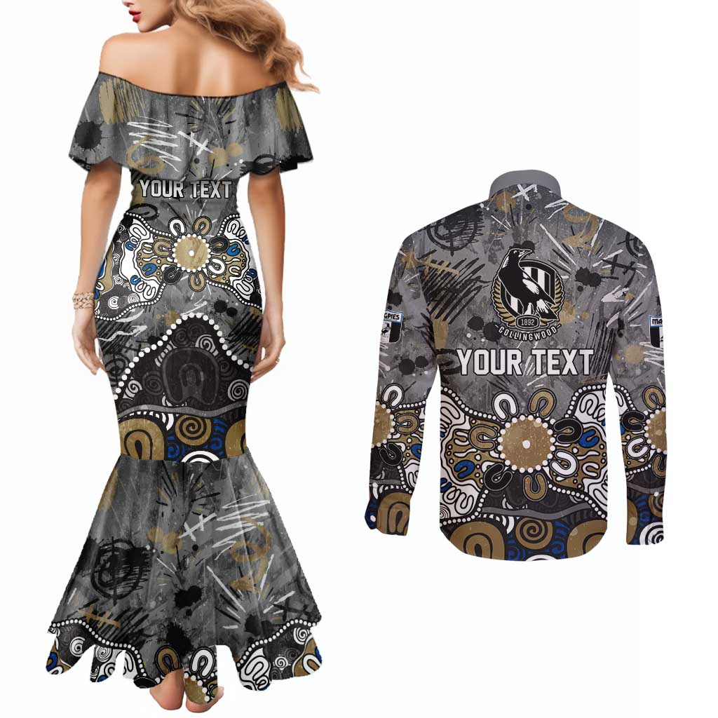 Personalized Collingwood Magpies Couples Matching Mermaid Dress and Long Sleeve Button Shirt Aboriginal Dot Painting Graffiti Style