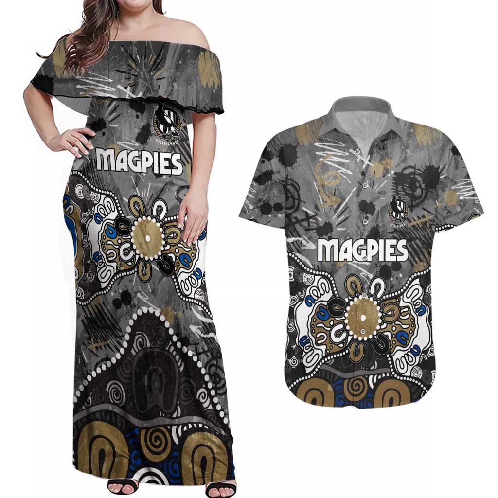 Personalized Collingwood Magpies Couples Matching Off Shoulder Maxi Dress and Hawaiian Shirt Aboriginal Dot Painting Graffiti Style