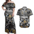 Personalized Collingwood Magpies Couples Matching Off Shoulder Maxi Dress and Hawaiian Shirt Aboriginal Dot Painting Graffiti Style