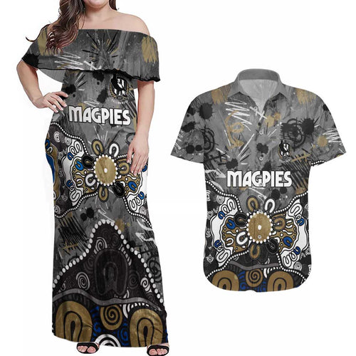 Personalized Collingwood Magpies Couples Matching Off Shoulder Maxi Dress and Hawaiian Shirt Aboriginal Dot Painting Graffiti Style