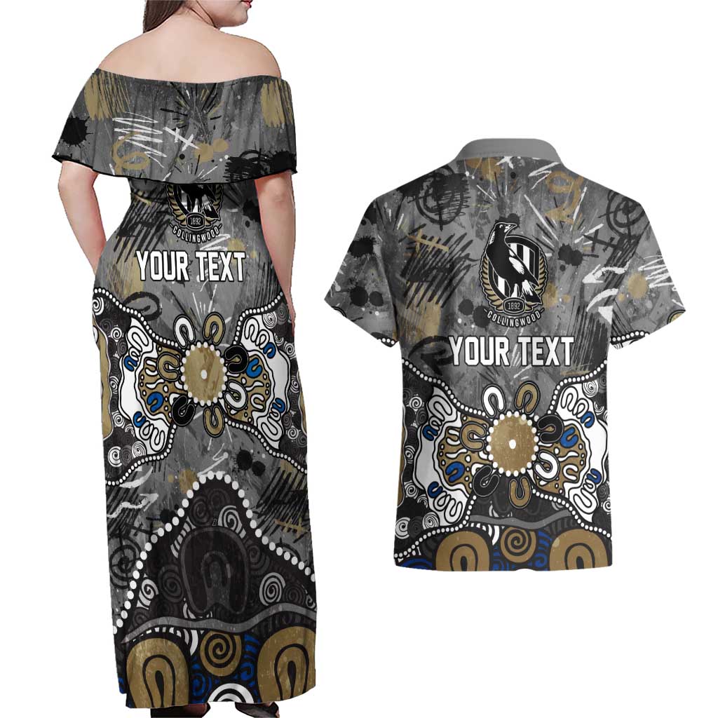 Personalized Collingwood Magpies Couples Matching Off Shoulder Maxi Dress and Hawaiian Shirt Aboriginal Dot Painting Graffiti Style