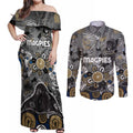 Personalized Collingwood Magpies Couples Matching Off Shoulder Maxi Dress and Long Sleeve Button Shirt Aboriginal Dot Painting Graffiti Style