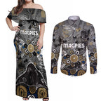 Personalized Collingwood Magpies Couples Matching Off Shoulder Maxi Dress and Long Sleeve Button Shirt Aboriginal Dot Painting Graffiti Style