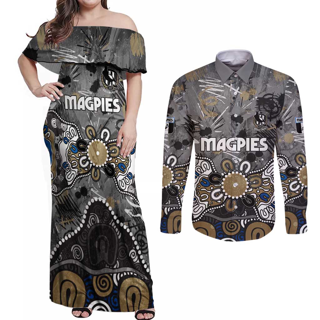 Personalized Collingwood Magpies Couples Matching Off Shoulder Maxi Dress and Long Sleeve Button Shirt Aboriginal Dot Painting Graffiti Style