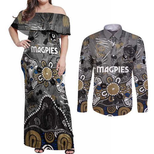 Personalized Collingwood Magpies Couples Matching Off Shoulder Maxi Dress and Long Sleeve Button Shirt Aboriginal Dot Painting Graffiti Style