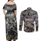 Personalized Collingwood Magpies Couples Matching Off Shoulder Maxi Dress and Long Sleeve Button Shirt Aboriginal Dot Painting Graffiti Style