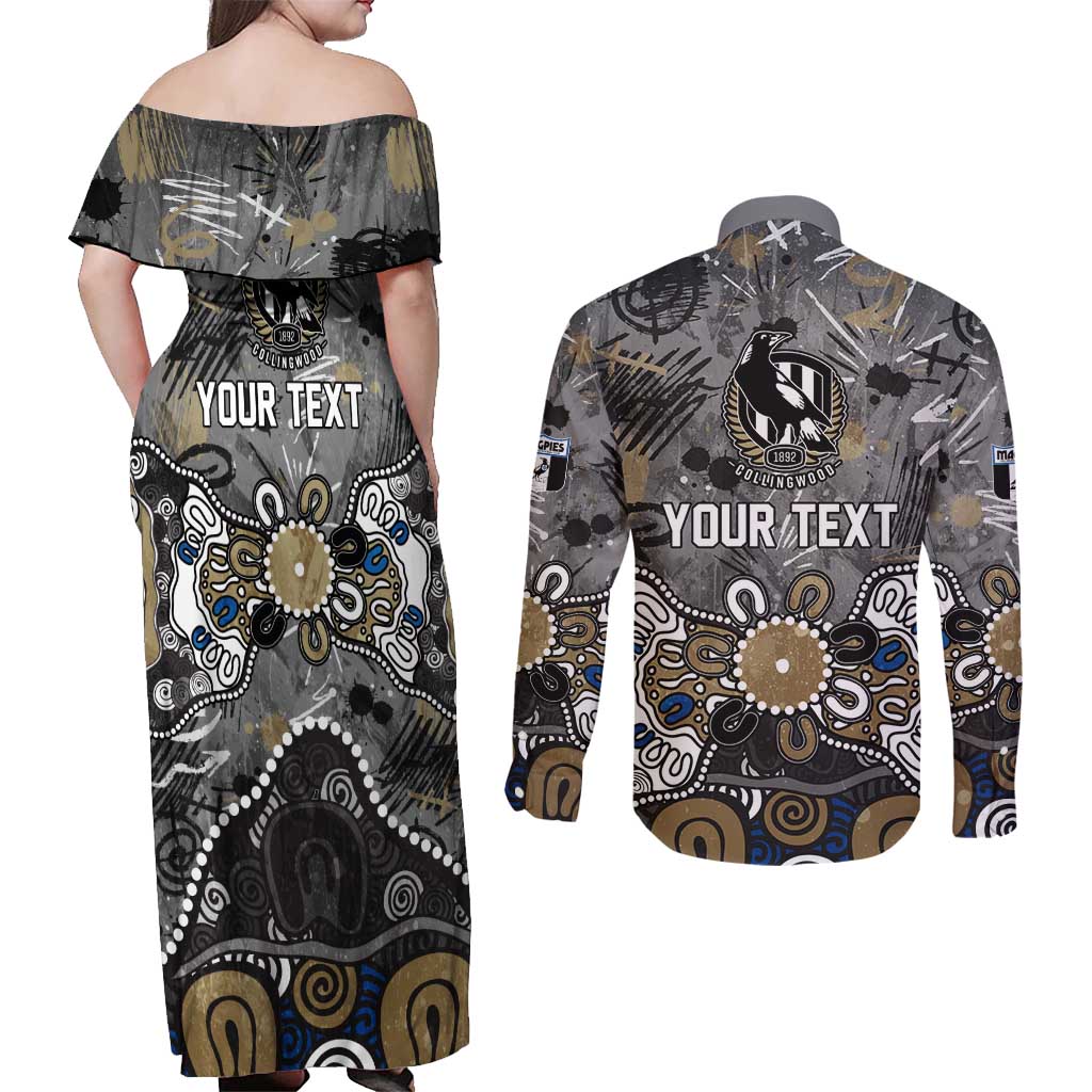 Personalized Collingwood Magpies Couples Matching Off Shoulder Maxi Dress and Long Sleeve Button Shirt Aboriginal Dot Painting Graffiti Style
