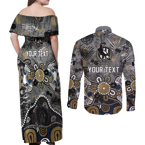 Personalized Collingwood Magpies Couples Matching Off Shoulder Maxi Dress and Long Sleeve Button Shirt Aboriginal Dot Painting Graffiti Style