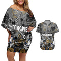 Personalized Collingwood Magpies Couples Matching Off Shoulder Short Dress and Hawaiian Shirt Aboriginal Dot Painting Graffiti Style