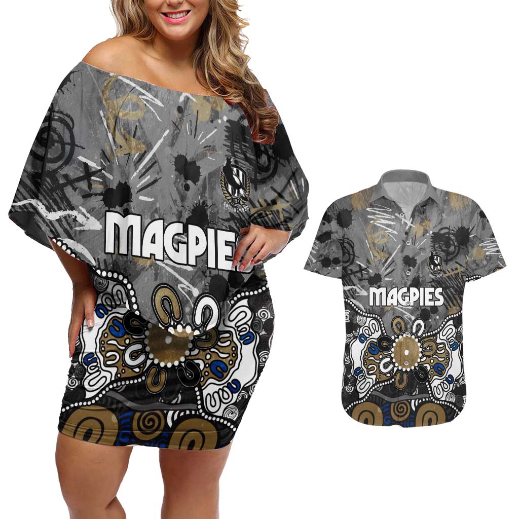 Personalized Collingwood Magpies Couples Matching Off Shoulder Short Dress and Hawaiian Shirt Aboriginal Dot Painting Graffiti Style
