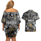 Personalized Collingwood Magpies Couples Matching Off Shoulder Short Dress and Hawaiian Shirt Aboriginal Dot Painting Graffiti Style